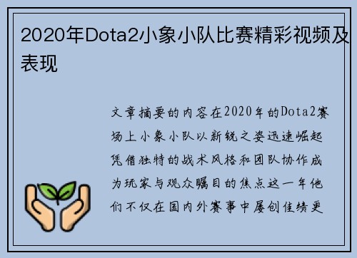 2020年Dota2小象小队比赛精彩视频及表现
